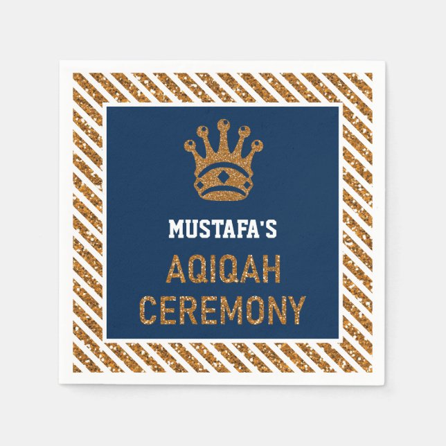 Blue Gold Royal Crown Prince Aqiqah Paper Napkins (Front)