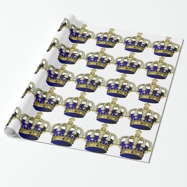 Blue & Gold Royal Crown Wrapping Paper (Unrolled)
