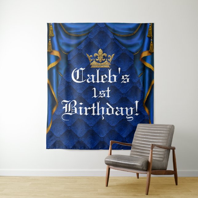 Blue & Gold Royal Elegant Birthday Party Backdrop (In Situ)