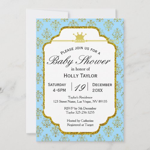 Blue Gold Royal Prince Baby Shower Invitation