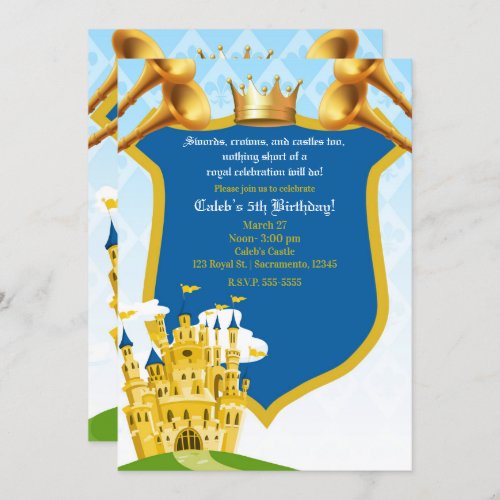Blue  Gold Royal Prince Castle Birthday Party Invitation