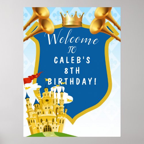 Blue Gold Royal Prince Castle Birthday Party Sign
