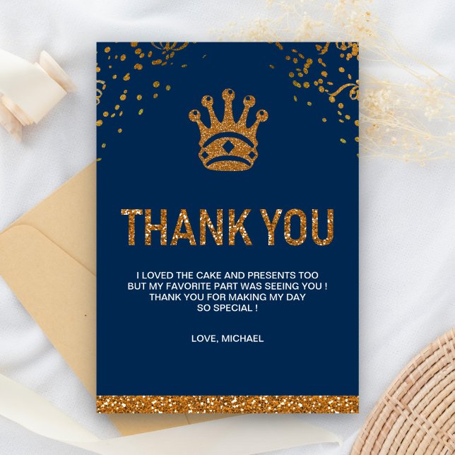 Blue Gold Royal Prince Crown Birthday Party Thank You Card (Creator Uploaded)