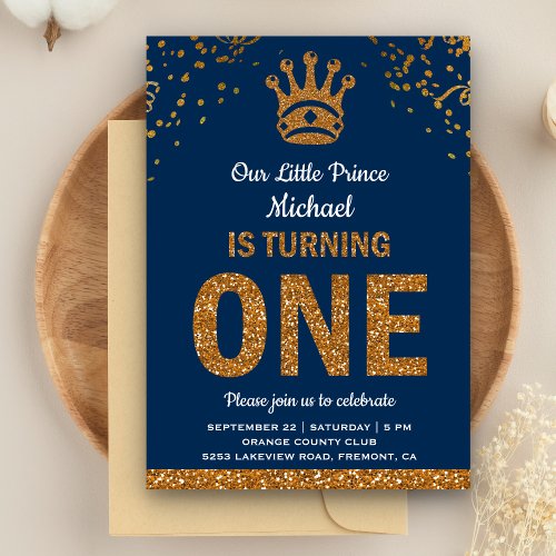 Blue Gold Royal Prince First Birthday Invitation