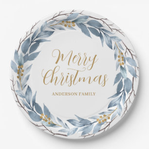 Blue Gold Rustic Personalized Christmas Paper Plates