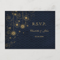 blue gold rustic Snowflakes Winter wedding RSVP Invitation Postcard