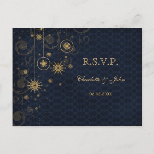 blue gold rustic Snowflakes Winter wedding RSVP Invitation Postcard