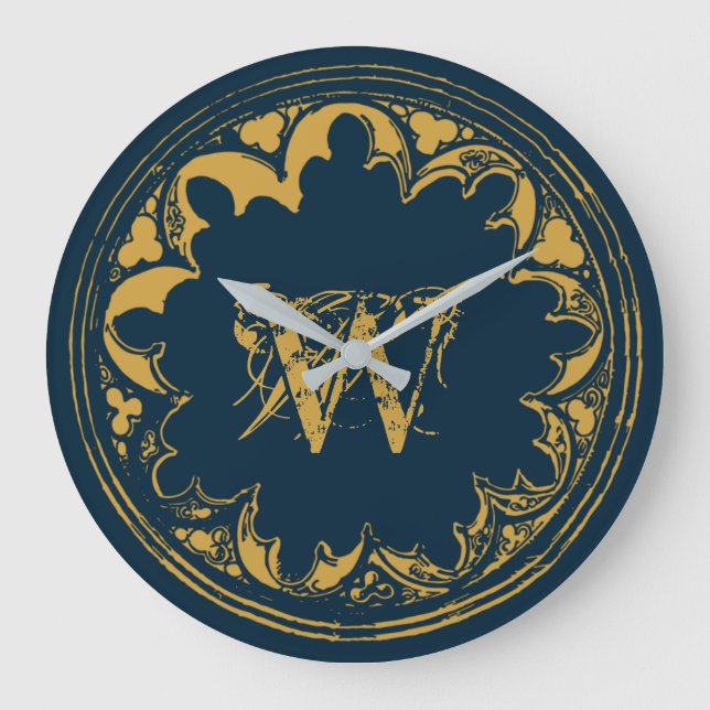 Blue & Gold Rustic Vintage Distressed Monogram Large Clock (Front)