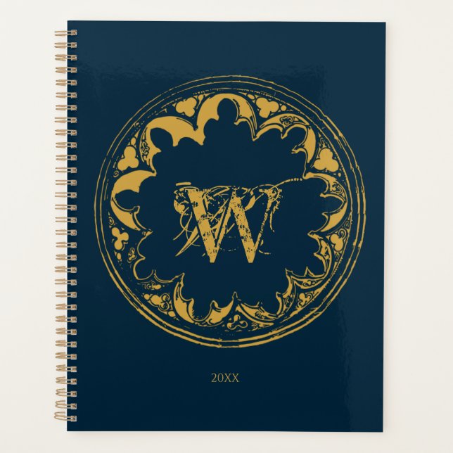 Blue & Gold Rustic Vintage Distressed Monogram   Planner (Front)