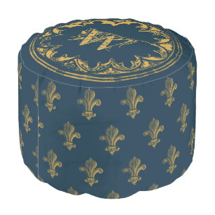 Blue & Gold Rustic Vintage Distressed Monogram Pouf