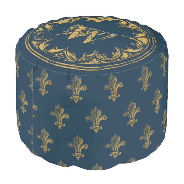 Blue & Gold Rustic Vintage Distressed Monogram  Pouf (Angled Back)