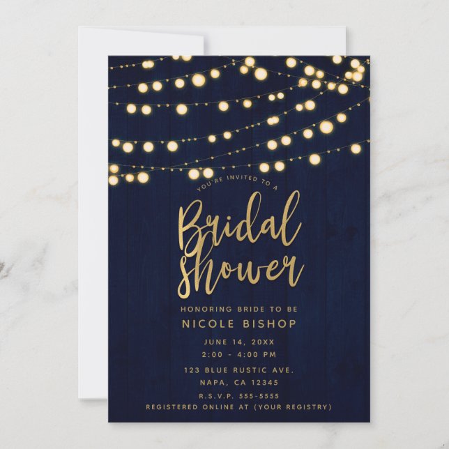 Blue Gold Rustic Wood & Lights Bridal Shower Invitation (Front)