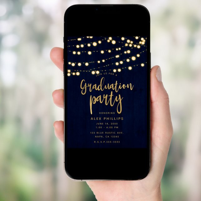 Blue Gold Rustic Wood & Lights Graduation Party Invitation (Front Digital)