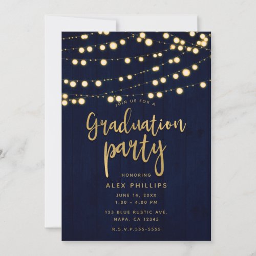 Blue Gold Rustic Wood  Lights Graduation Party Invitation