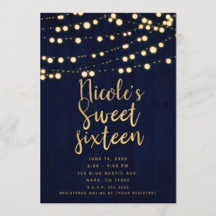 Blue Gold Rustic Wood & Lights Sweet 16 Invitation