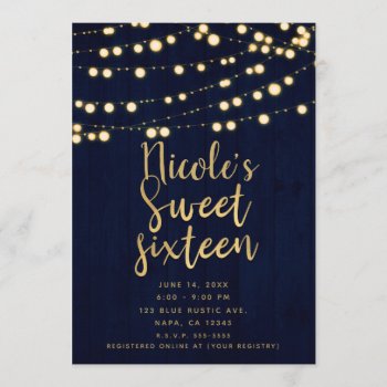 Blue Gold Rustic Wood & Lights Sweet 16 Invitation by printabledigidesigns at Zazzle