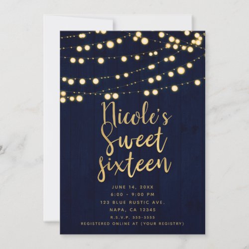 Blue Gold Rustic Wood  Lights Sweet 16 Invitation