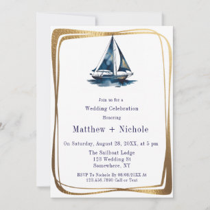 Blue & Gold Sailboat Nautical Wedding Celebration  Invitation