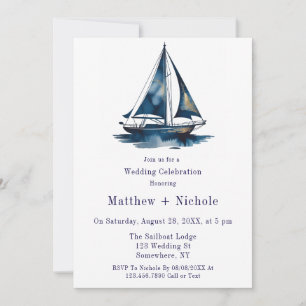 Blue & Gold Sailboat Nautical Wedding Celebration  Invitation