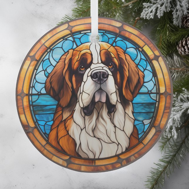 Blue Gold Saint Bernard Dog Stained Glass Ornament (Creator Uploaded)