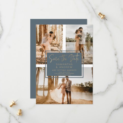 Blue gold save the date 3 photo grid collage