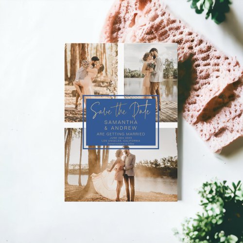 blue  gold save the date 3 photo grid collage