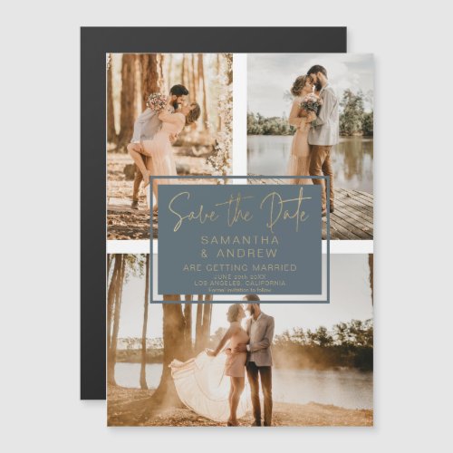 Blue gold save the date 3 photo grid collage