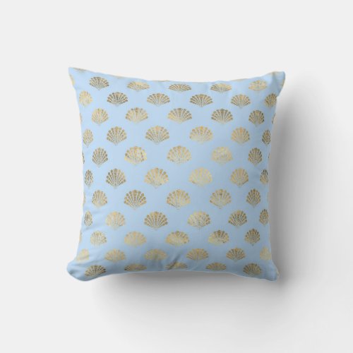 Blue  Gold Scallop Seashell Pattern Throw Pillow