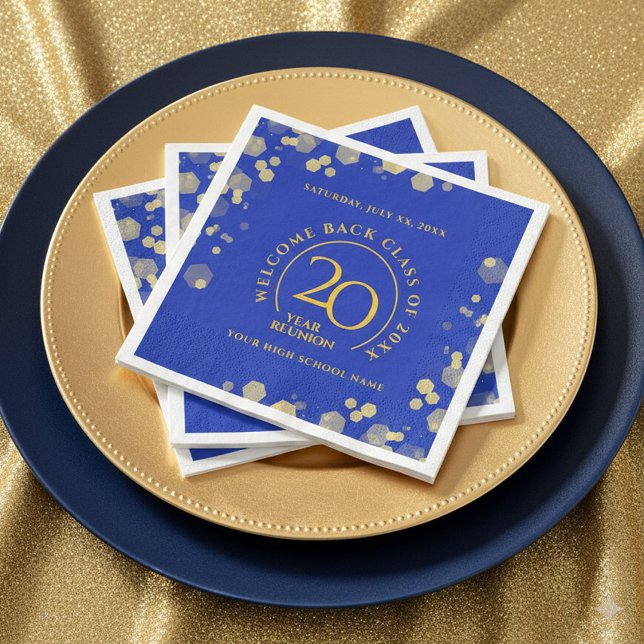 Blue & Gold School College Class Reunion Paper Dinner Napkins (Elegant 20-Year Class Reunion Royal Blue and Gold Glitter Napkins Cover Photo)