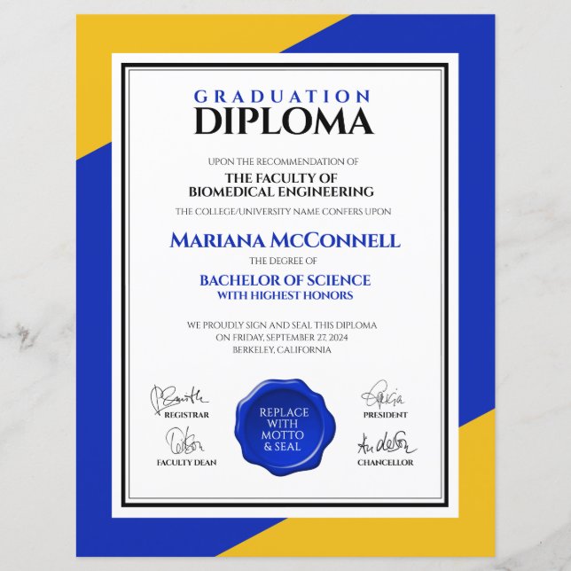 Blue Gold School College University Diploma (Front)