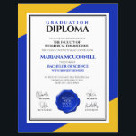 Blue Gold School College University Diploma<br><div class="desc">Colleges, universities, high schools, and institutes of higher learning can add sophistication to graduation diplomas with this modern, contemporary design, which features elegant lettering set on royal blue, gold, and white backgrounds. Customize with student's given and family names, faculty name, name of school/college/university, graduation venue and date, up to four...</div>