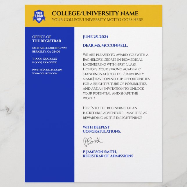 Blue Gold School College University Letterhead (Front)