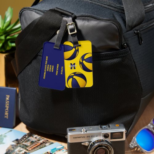 blue gold school colors basketball bag luggage tag