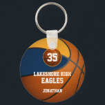Blue gold school team colors boys' basketball keychain<br><div class="desc">This boys' basketball keychain features a simple basketball graphic with blue and gold school colors and easily customizable school name and mascot name, player name--the jersey number is on a tiny basketball - by katz_d_zynes | See more basketball team color combinations in katzdzynes’ collection “Basketball keychains and backpacks for boys”...</div>