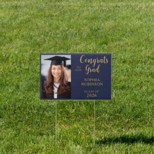 Blue Gold Script 2026 Modern Grad Photo Yard Sign