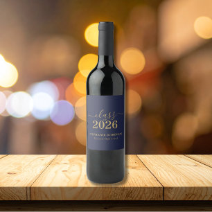 Blue Gold Script Class of 2026 Graduation Party Wine Label
