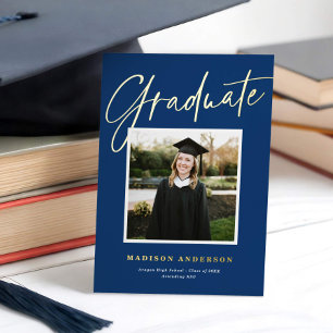 Blue + Gold Script Photo Graduation Announcement