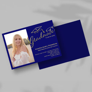 Blue Gold Script Photo Graduation Party Invite