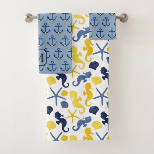 Blue Gold Seahorse Anchor Bath Towel Set