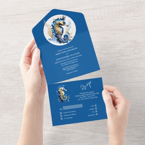 Blue gold seahorse coral summer beach theme all in one invitation