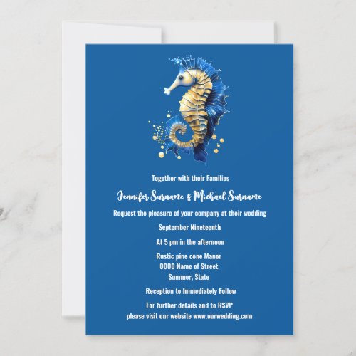 Blue gold seahorse plain elegant beach theme invitation