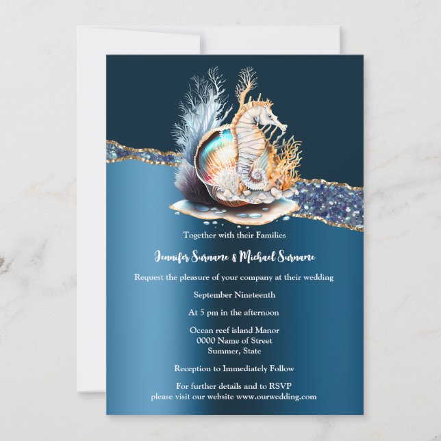 Blue gold seahorse sparkle nautical seashell invitation (Front)