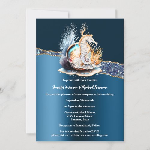 Blue gold seahorse sparkle nautical seashell invitation