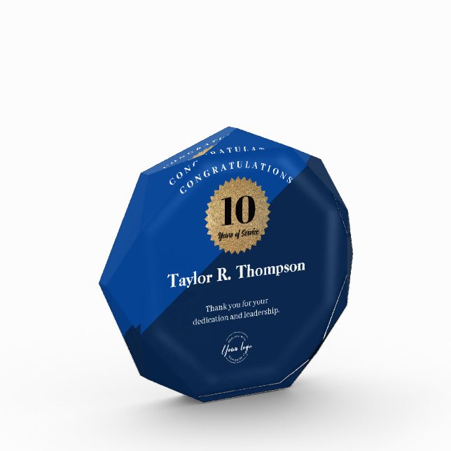 Blue Gold Seal logo Employee 10 years of service Acrylic Award (Left)