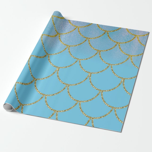 Blue & Gold Shimmer Mermaid Birthday Party Wrapping Paper (Unrolled)