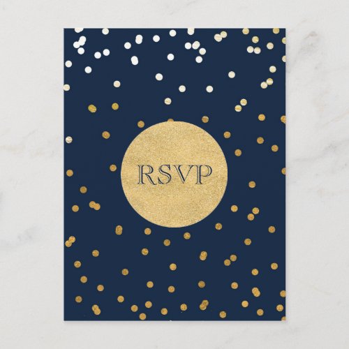 Blue  Gold Shiny Confetti Dots Chic Modern RSVP Invitation Postcard