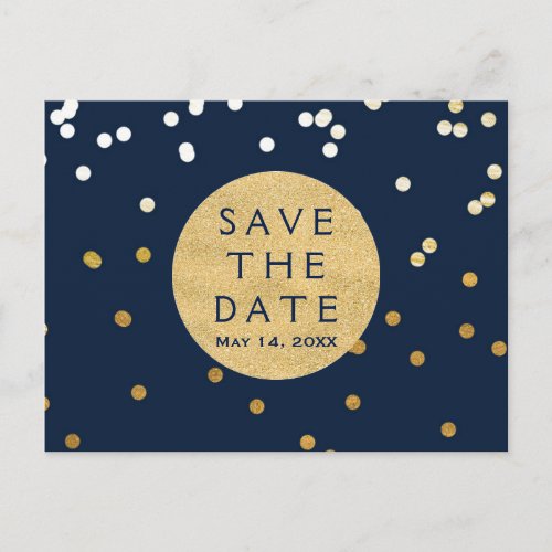 Blue  Gold Shiny Confetti Dots Save The Date Announcement Postcard