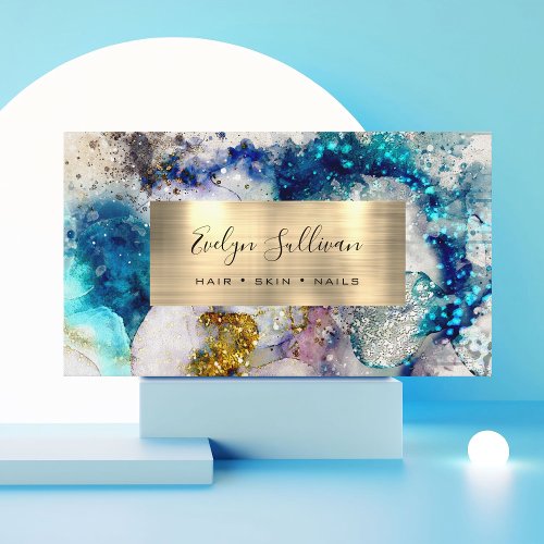blue gold silver glitter watercolor Business Card