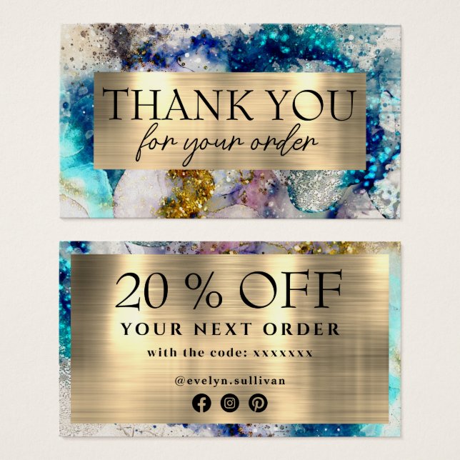 Blue Gold Silver glitter watercolor discount card (Front & Back)