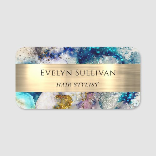 Blue gold silver glitter watercolor name tag